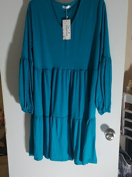 Sherosa Dresses & Skirts - Blue Long Sleeve V-Neck Sundress Size XL